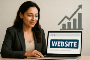 Empreendedora gerenciando seu negócio digital através de um site profissional