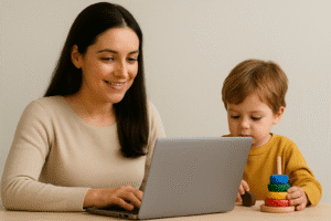 Mãe empreendedora conciliando maternidade com negócios digitais