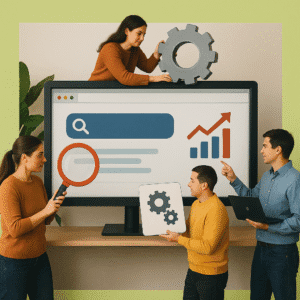 Ilustração de profissionais otimizando site para mecanismos de busca