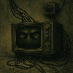 Tela de televisão antiga com olhos ocultos observando por trás, conectada por cabos a um sistema de vigilância, simbolizando a imagem da besta.