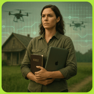 Mulher decidida vivendo fora do sistema, com laptop e Bíblia, simbolizando liberdade digital e espiritual em tempos de controle tecnológico.