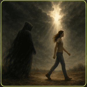 Mulher caminhando decidida em direção à luz celestial que rompe as nuvens, enquanto uma figura sombria encapuzada a observa das sombras — representando a libertação espiritual do controle maligno nos tempos finais.