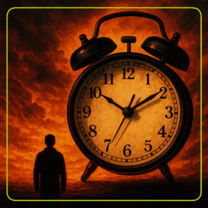 Relógio antigo em destaque contra um céu apocalíptico em chamas, com figura humana observando ao fundo — simbolizando a urgência profética do fim dos tempos.