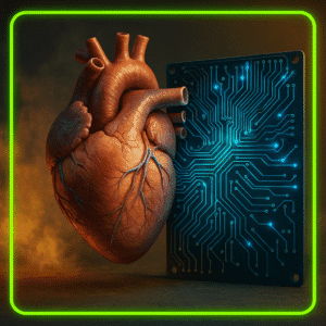 Coração humano artificial impresso em 3D, conectado a uma placa de circuito brilhante — simbolizando o avanço da bioengenharia e o domínio digital sobre o corpo humano.