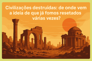 Ilustração digital de ruínas de uma civilização antiga sob um pôr do sol alaranjado, com colunas quebradas e templos em ruínas, simbolizando os supostos resets históricos da humanidade ao longo do tempo.
