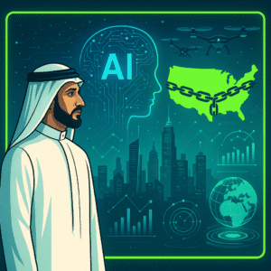 Arábia Saudita comandando a inteligência artificial e o futuro tecnológico do mundo, em contraste com valores cristãos ocidentais.