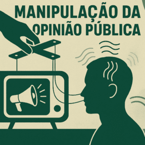 Ilustração conceitual mostra uma figura humana controlada por cordas ligadas a uma TV com um megafone, simbolizando a manipulação da opinião pública por mídia, frequências e tecnologia invisível.