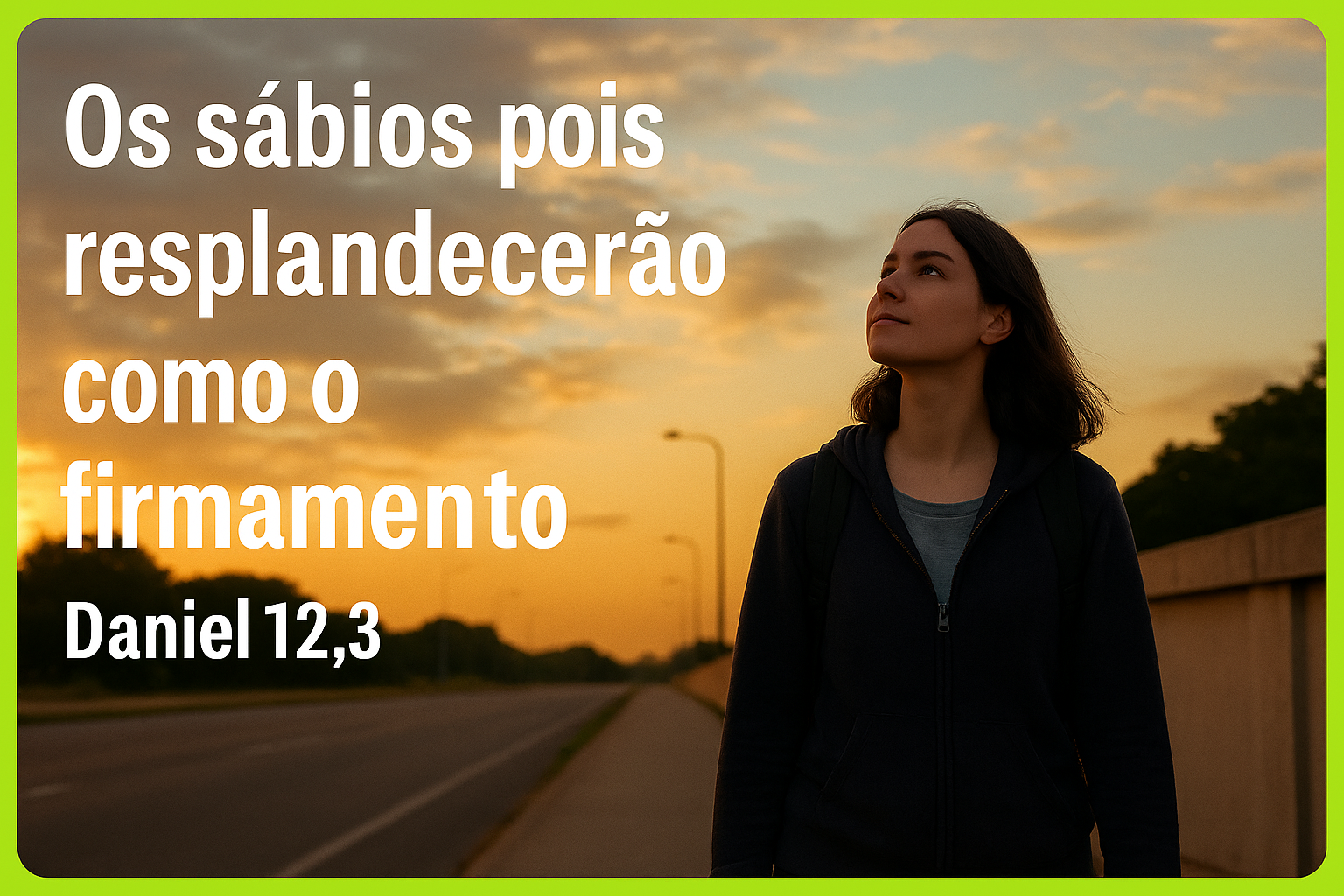 Jovem caminhando em uma calçada ao amanhecer, olhando para o céu com expressão de paz e reflexão, simbolizando um reencontro espiritual e a busca por sabedoria, com moldura verde-limão destacando a cena.