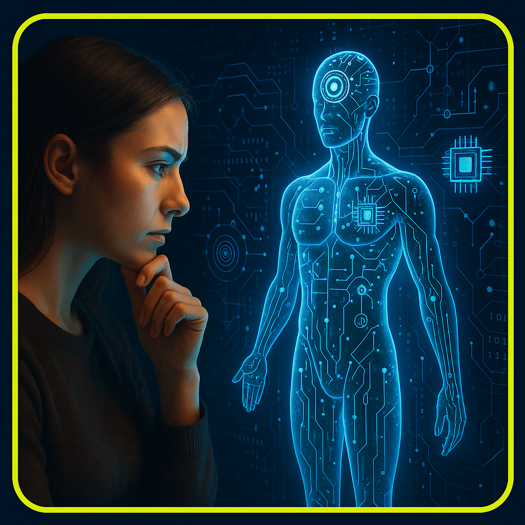 Ilustração realista de um corpo humano parcialmente digitalizado, com elementos de inteligência artificial, nanotecnologia e circuitos conectados, simbolizando a fusão entre o biológico e o digital. Representa o conceito de “mutação digital no corpo” com atmosfera futurista e tons tecnológicos.