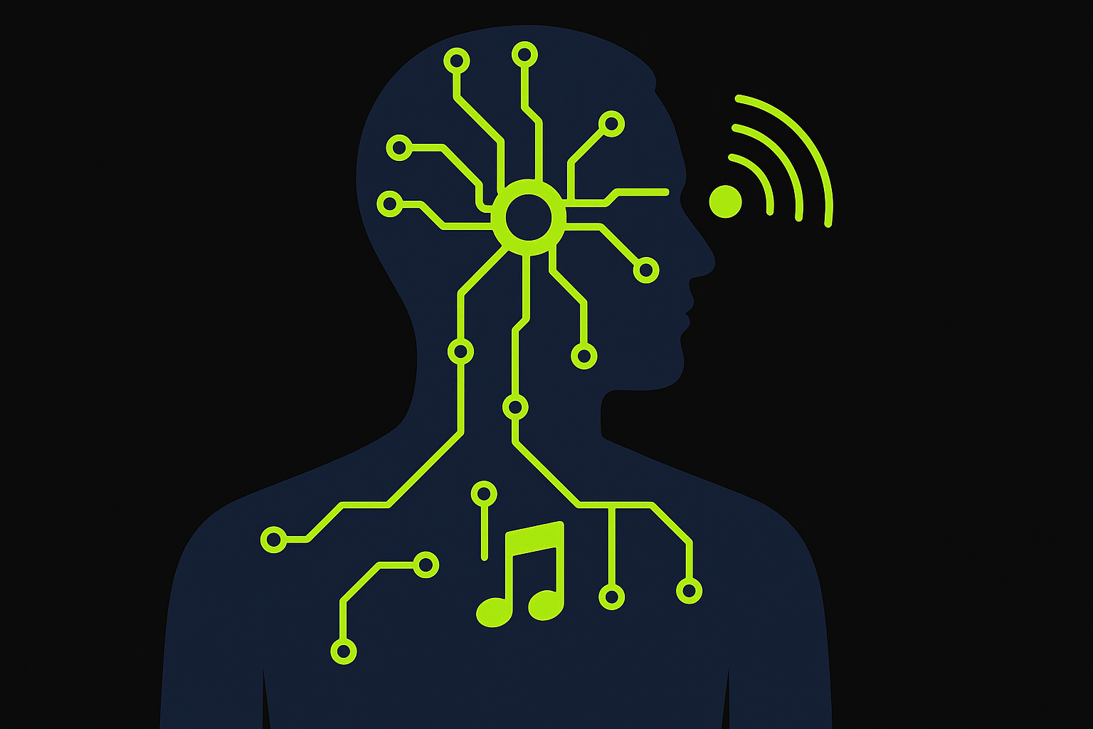 Arte digital em tons escuros com silhueta humana conectada por circuitos e sinais, ilustrando o conceito de mutação digital do corpo e controle por frequência, inspirado no filme Conexão Mortal.