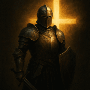 Imagem simbólica de uma armadura espiritual, com uma cruz iluminada ao fundo, representando a batalha espiritual e a vitória através da fé”