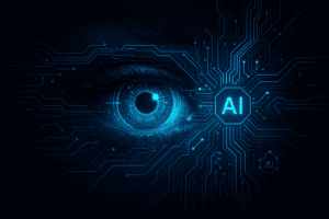 Ilustração futurista de um olho humano sendo escaneado por tecnologia digital, com linhas de circuito e símbolos de IA, representando a conexão entre biometria, inteligência artificial e controle social.”