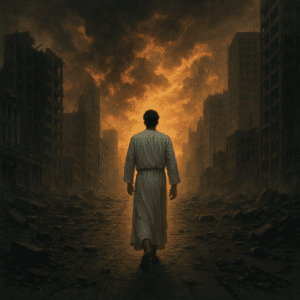 Homem de vestes brancas, caminhando com fé em meio a um cenário apocalíptico, simbolizando resistência ao sistema da besta.”