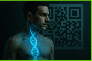 Corpo humano monitorado por inteligência artificial, representando a mutação digital e o controle tecnológico