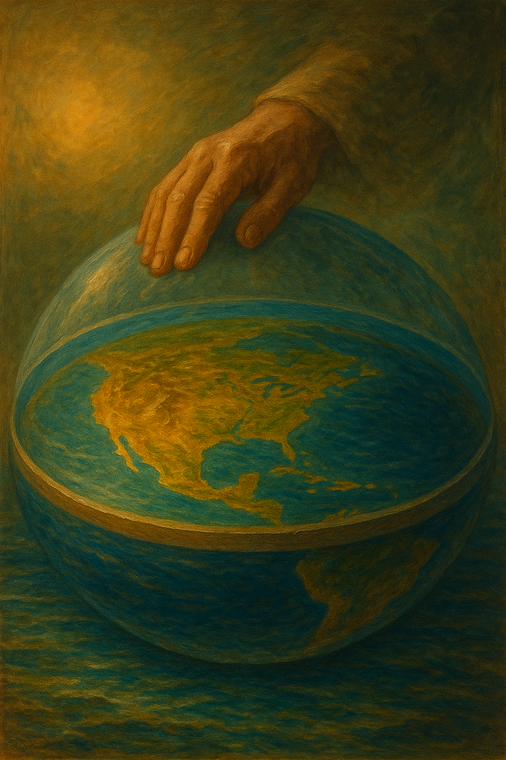 Representação simbólica da Terra moldada como barro, com relevos naturais e cores vivas, ilustrando Jó 38:14.