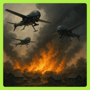 Imagem de drones militares sobrevoando um vilarejo na Nigéria, com fumaça e destruição ao fundo, representando o impacto da inteligência artificial bélica.