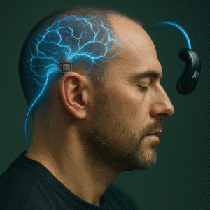 Homem com chip implantado no cérebro conectado por IA, com luz azul percorrendo seus neurônios, representando a mutação digital promovida pela tecnologia"