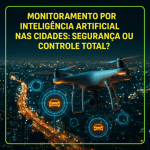 Drone sobrevoando cidade à noite com sensores digitais, representando o cercamento eletrônico e vigilância por IA.