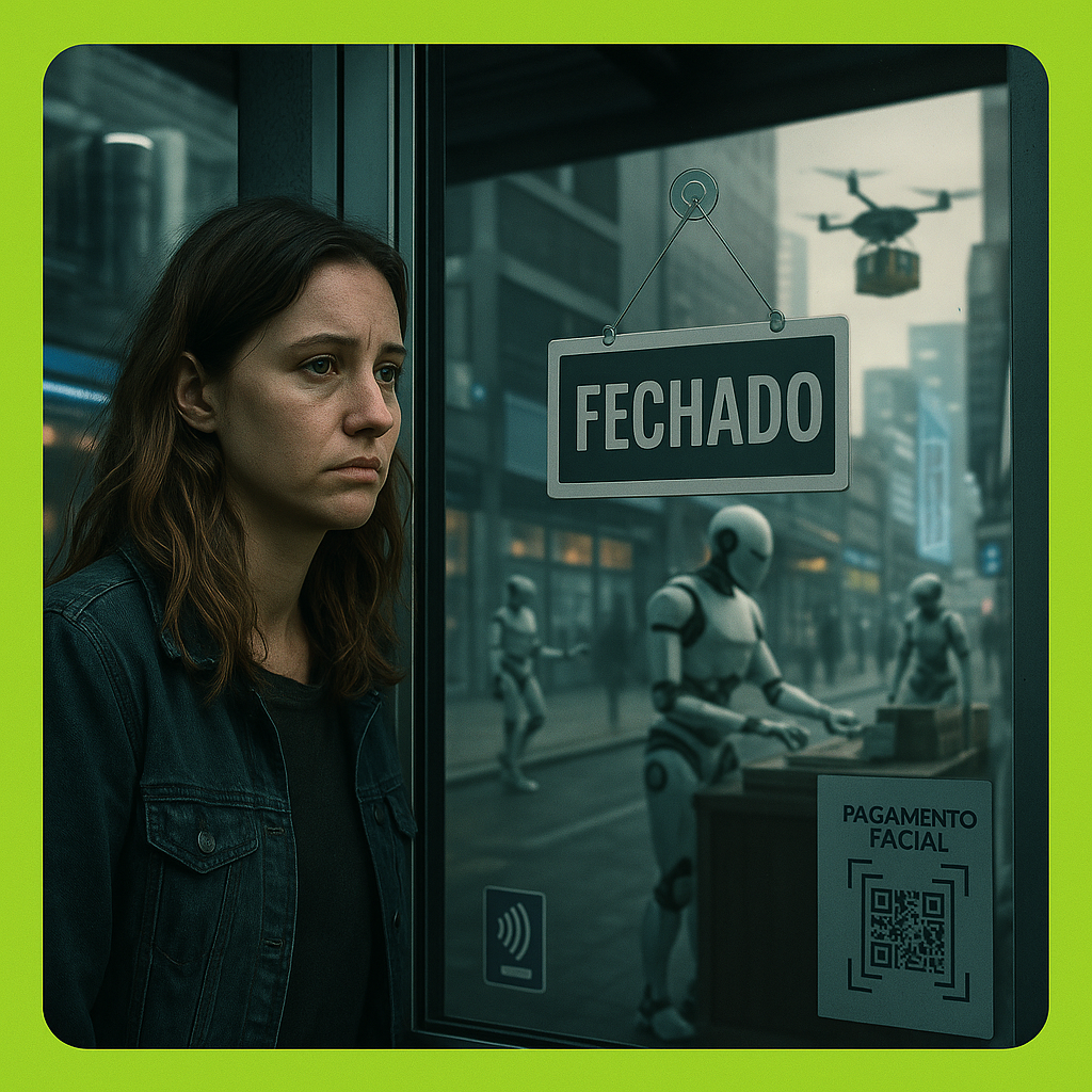 Mulher observa uma loja fechada com letreiro "FECHADO", enquanto robôs trabalham no interior. Cena futurista mostra o impacto da tecnologia no desemprego humano.
