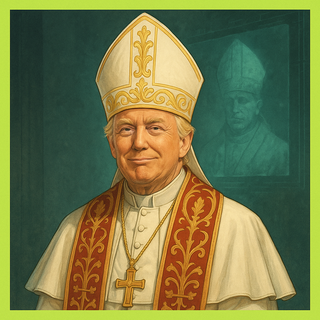 Ilustração realista de Donald Trump vestido como papa, em cenário futurista e simbólico, com bordas verde-limão, representando a programação preditiva e o uso simbólico da IA na política global. Deseja incluir essa imagem em algum artigo específico do blog?