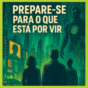 Ilustração futurista com borda verde-limão representando o impacto da inteligência artificial na sociedade, mostrando um cenário urbano distópico com pessoas observando um painel que anuncia a revolução da IA e a transição para a renda básica universal.
