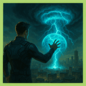 Homem genérico com traje tecnológico controlando uma tempestade holográfica sobre uma cidade, estilo realista, com bordas nos 4 cantos e tons verde-limão claro.