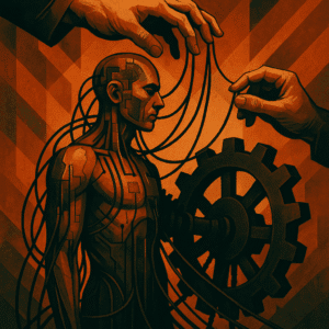 Representação simbólica de um corpo humano conectado por cabos e circuitos, preso em uma engrenagem controlada por mãos invisíveis.