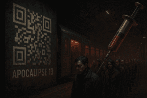 Fila de pessoas para serem vacinadas em metrô distópico com QR Code de Apocalipse 13 ao fundo.