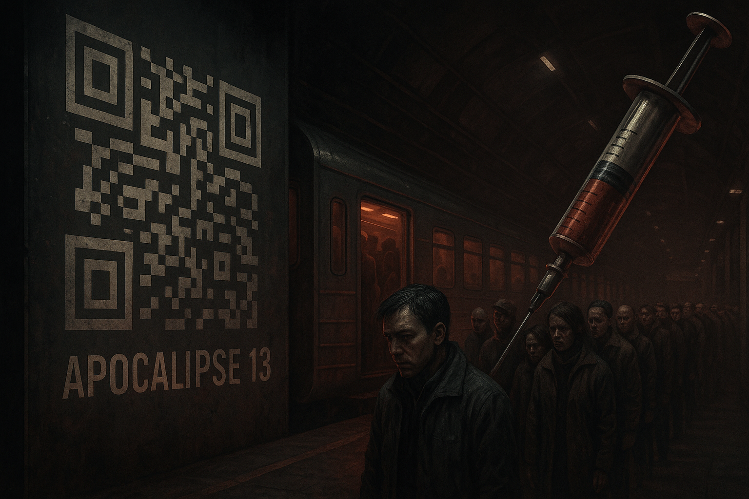 Fila de pessoas para serem vacinadas em metrô distópico com QR Code de Apocalipse 13 ao fundo.