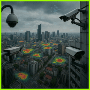 Imagem de uma cidade com câmeras de vigilância e mapas de calor, representando o avanço da inteligência artificial no controle social e ambiental.