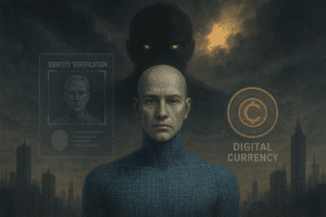 Homem com corpo cibernético em uma cidade futurista, rodeado por símbolos de identidade digital e moeda virtual, com uma figura sombria representando a inteligência artificial ao fundo
