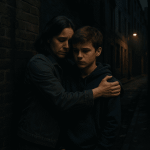 Mãe abraçando o filho adolescente em uma rua escura, representando proteção e ruptura de ciclos negativos.