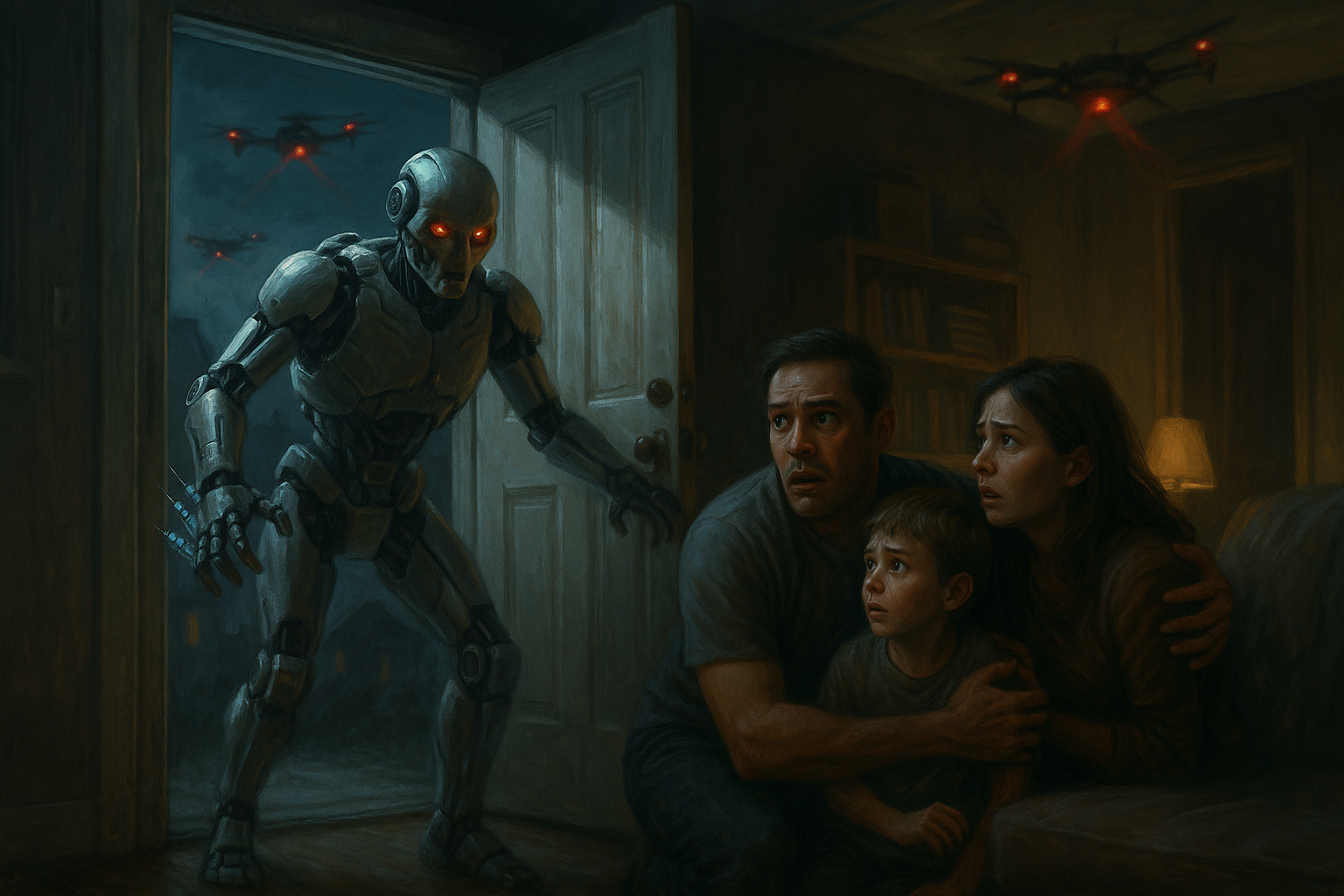 Robô invadindo casa com seringas, simbolizando controle biotecnológico forçado