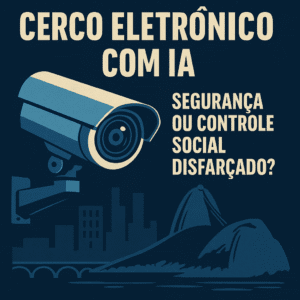 Ilustração digital com fundo azul-escuro mostra uma câmera de vigilância branca apontada para uma cidade estilizada com o Pão de Açúcar ao fundo. Em destaque, o texto: "Cerco Eletrônico com IA — Segurança ou Controle Social Disfarçado?" em letras grandes off-white.