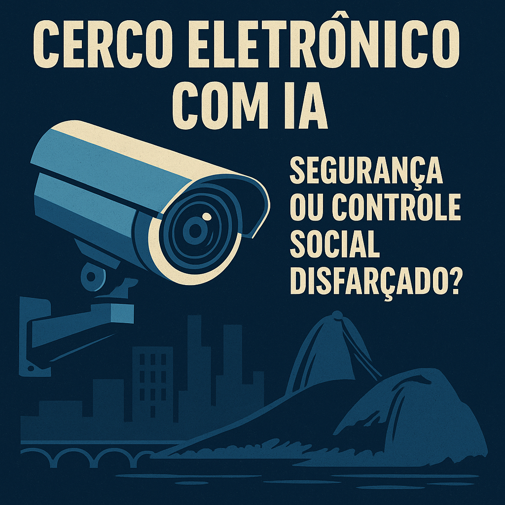 Ilustração digital com fundo azul-escuro mostra uma câmera de vigilância branca apontada para uma cidade estilizada com o Pão de Açúcar ao fundo. Em destaque, o texto: "Cerco Eletrônico com IA — Segurança ou Controle Social Disfarçado?" em letras grandes off-white.