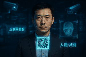 Cidadão chinês cercado por hologramas com câmeras, escaneamento facial e código QR, representando vigilância digital e controle.