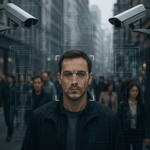 "Reconhecimento facial sendo aplicado em um ambiente urbano com múltiplas câmeras de vigilância e dados digitais"