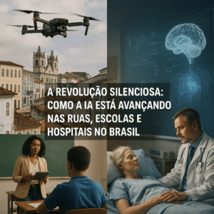 Composição realista mostra drone patrulhando o Centro Histórico de Salvador, professora usando tablet em sala de aula no Maranhão e médico analisando holograma cerebral ao lado de paciente em hospital — representando o avanço da IA nas ruas, escolas e hospitais do Brasil.