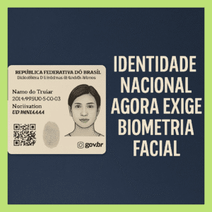 Imagem digital com fundo azul escuro e bordas verde-limão. À esquerda, aparece uma representação da nova Carteira de Identidade Nacional (CNI) do Brasil, com foto, QR Code, impressão digital e logotipo do gov.br. À direita, em letras brancas e grandes, o texto: "IDENTIDADE NACIONAL AGORA EXIGE BIOMETRIA FACIAL