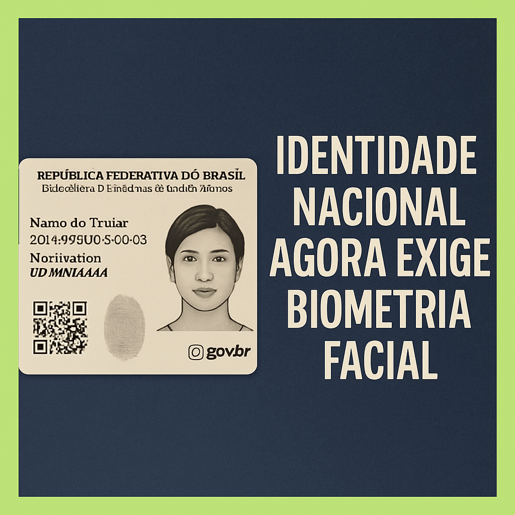 Imagem digital com fundo azul escuro e bordas verde-limão. À esquerda, aparece uma representação da nova Carteira de Identidade Nacional (CNI) do Brasil, com foto, QR Code, impressão digital e logotipo do gov.br. À direita, em letras brancas e grandes, o texto: "IDENTIDADE NACIONAL AGORA EXIGE BIOMETRIA FACIAL