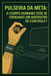 Ilustração crítica de uma pulseira da Meta no braço esquerdo emitindo sinais para controlar um computador, com a pergunta: "O corpo humano está se tornando um dispositivo de controle?"