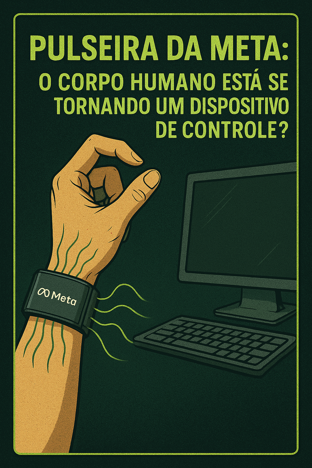 Ilustração crítica de uma pulseira da Meta no braço esquerdo emitindo sinais para controlar um computador, com a pergunta: "O corpo humano está se tornando um dispositivo de controle?"
