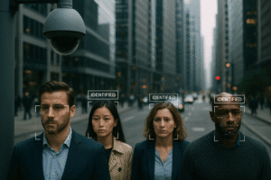 "Rostos sendo escaneados por câmeras inteligentes em uma cidade moderna, simbolizando o avanço da vigilância digital com IA"
