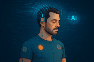 Homem com implante cerebral conectado a IA, com linhas de dados fluindo sobre a cabeça e sensores monitorando o corpo