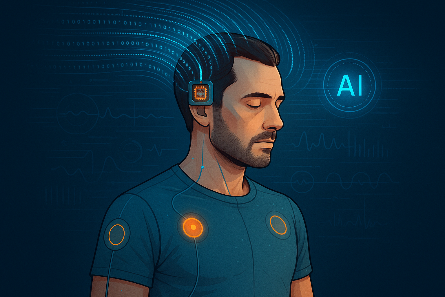 Homem com implante cerebral conectado a IA, com linhas de dados fluindo sobre a cabeça e sensores monitorando o corpo