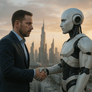 Representação da 4ª Revolução Industrial com humano e robô integrando forças em um cenário tecnológico