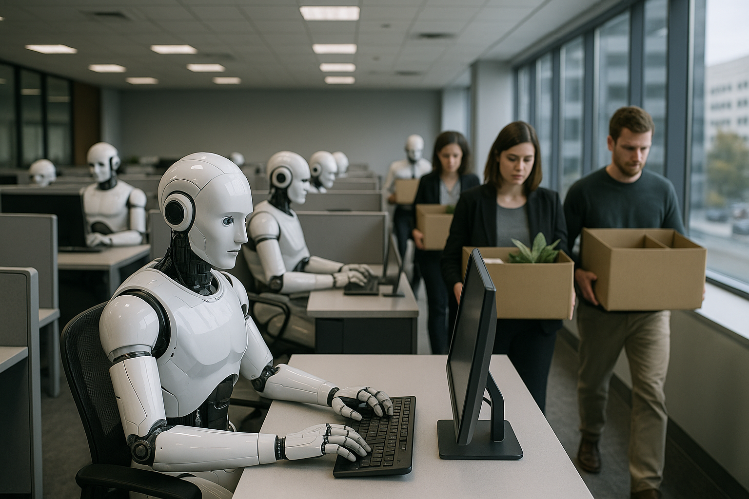 Desemprego em massa causado por IA, com robôs assumindo postos de trabalho em escritórios modernos