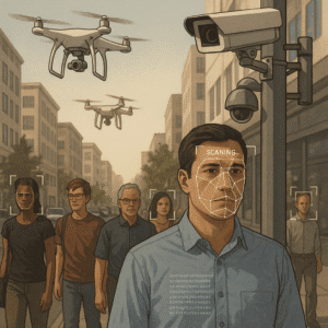 Drones e câmeras inteligentes escaneando rostos em uma cidade moderna, representando a vigilância digital em expansão.